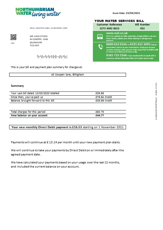 United Kingdom Northumbrian Water utility bill template in Word and PDF format, version 1